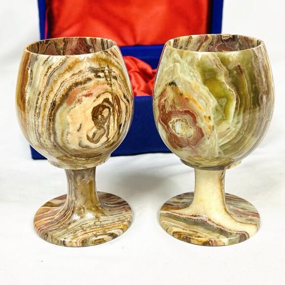 2 Swirly Marble Onyx Stone Goblets In Satin Lined Velvet Box Made in Pakistan - Picture 2 of 7